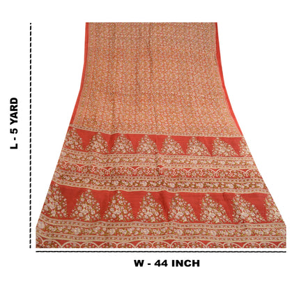 Sanskriti Vintage Red Indian Printed Sarees 100% Pure Silk Sari 5yd Craft Sustainable Fabric