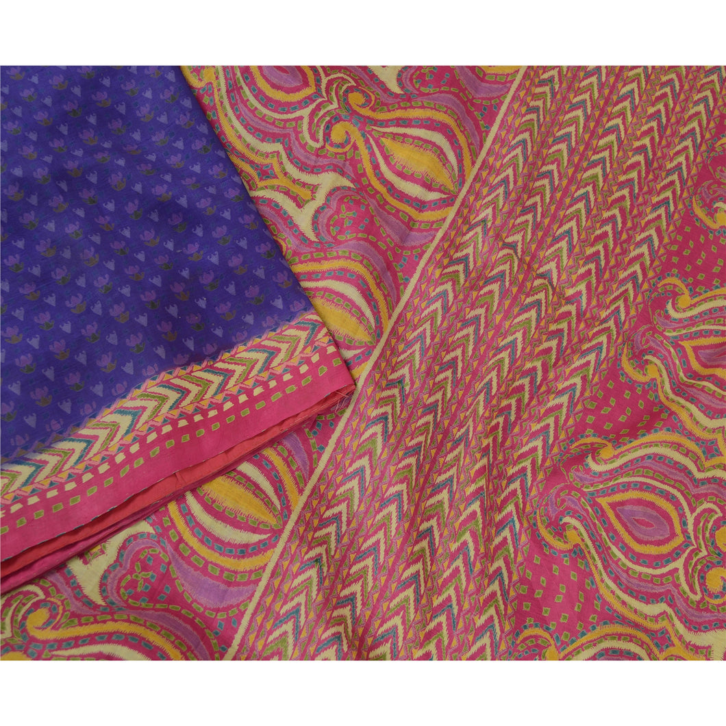 Sanskriti Vintage Sarees Purple/Pink Pure Silk Printed Sari Soft Craft Fabric