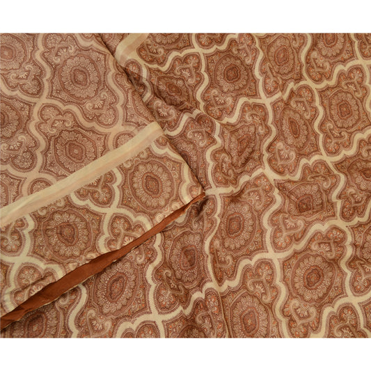 Sanskriti Vintage Indian Sarees Brown Printed Pure Silk Sari Soft Craft Sustainable Fabric