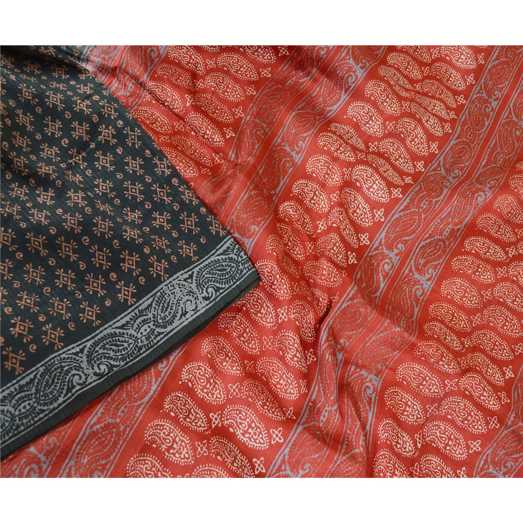 Sanskriti Vintage Black Sarees Pure Silk Hand Block Printed Sari Craft Fabric