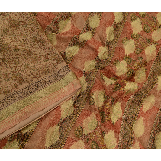 Sanskriti Vintage Sarees Indian Brown Pure Silk Printed Sari Floral Craft Sustainable Fabric