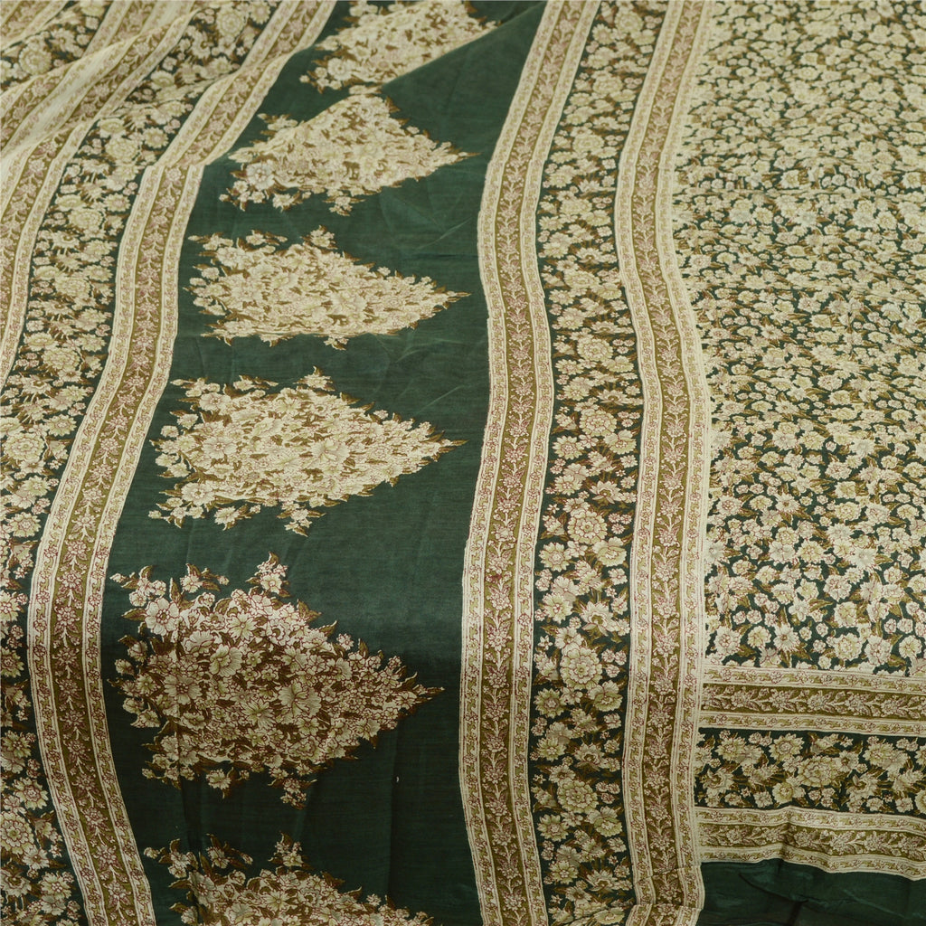 Sanskriti Vintage Sarees Indian Printed Green Blend Silk Sari 5yd Craft Sustainable Fabric