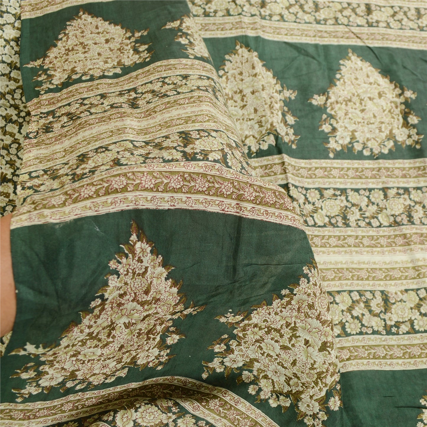 Sanskriti Vintage Sarees Indian Printed Green Blend Silk Sari 5yd Craft Sustainable Fabric