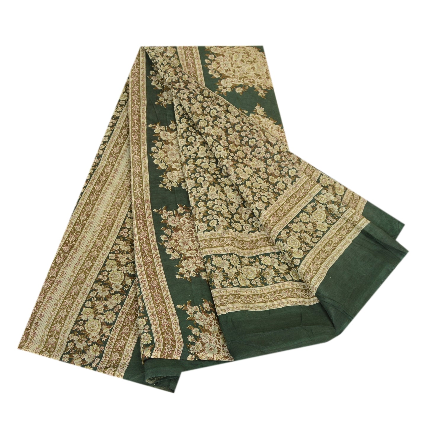 Sanskriti Vintage Sarees Indian Printed Green Blend Silk Sari 5yd Craft Sustainable Fabric