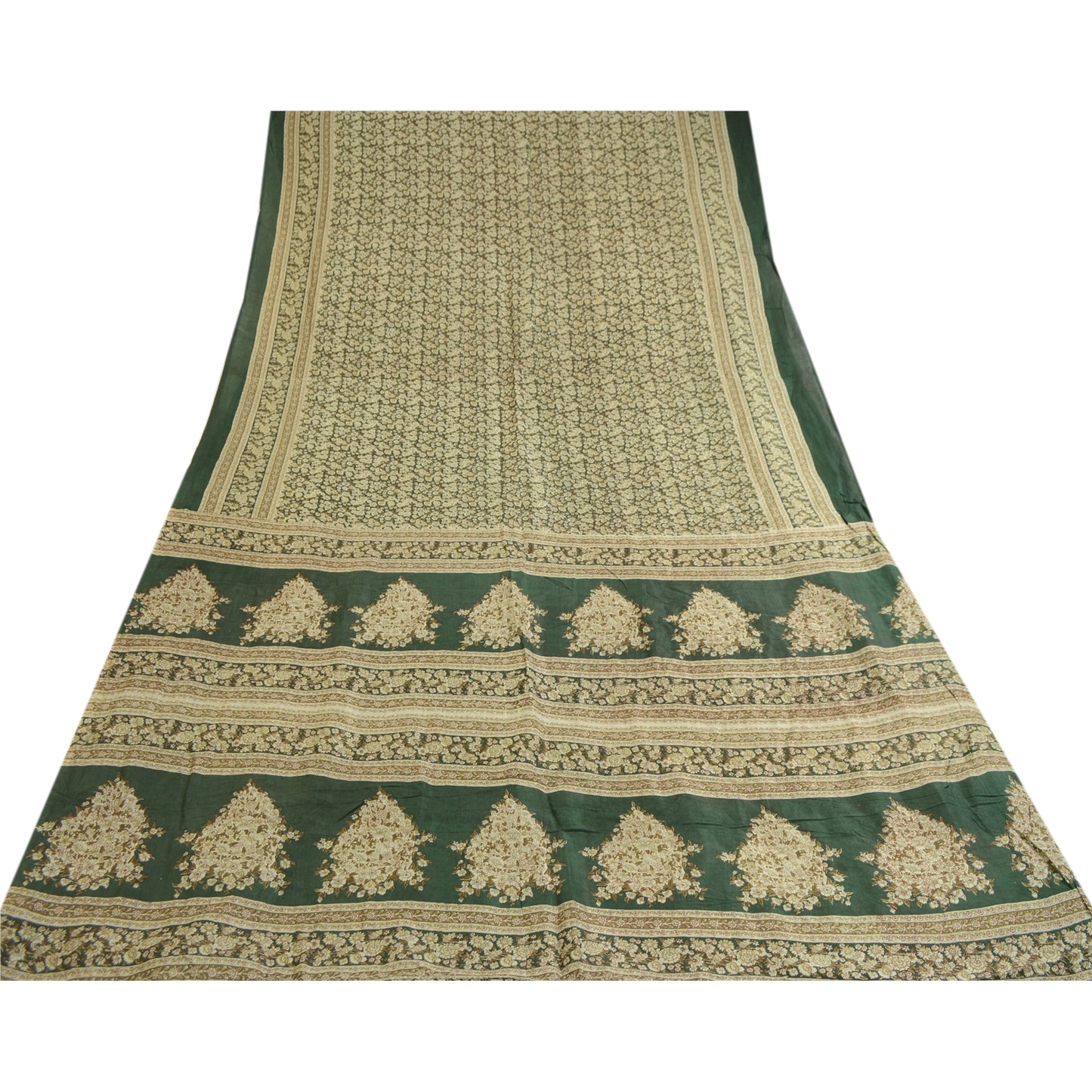 Sanskriti Vintage Sarees Indian Printed Green Blend Silk Sari 5yd Craft Sustainable Fabric