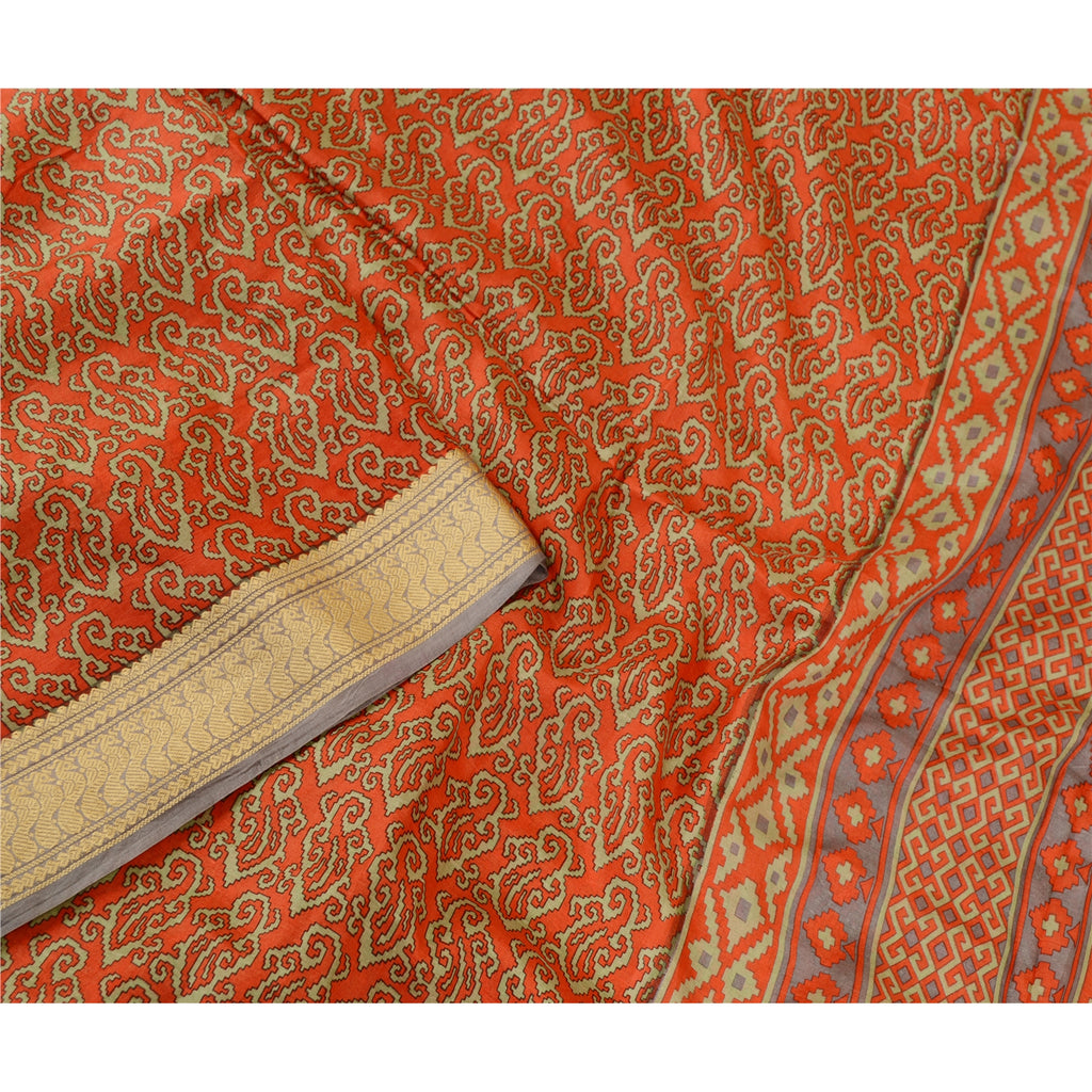 Sanskriti Vintage Sarees Red Printed 100% Pure Silk Sari Floral 5yd Craft Sustainable Fabric