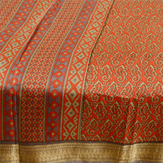 Sanskriti Vintage Sarees Red Printed 100% Pure Silk Sari Floral 5yd Craft Sustainable Fabric