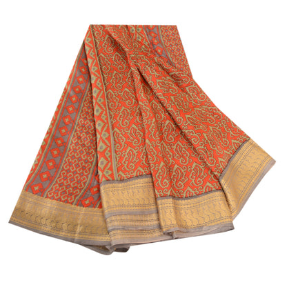 Sanskriti Vintage Sarees Red Printed 100% Pure Silk Sari Floral 5yd Craft Sustainable Fabric