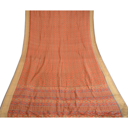 Sanskriti Vintage Sarees Red Printed 100% Pure Silk Sari Floral 5yd Craft Sustainable Fabric