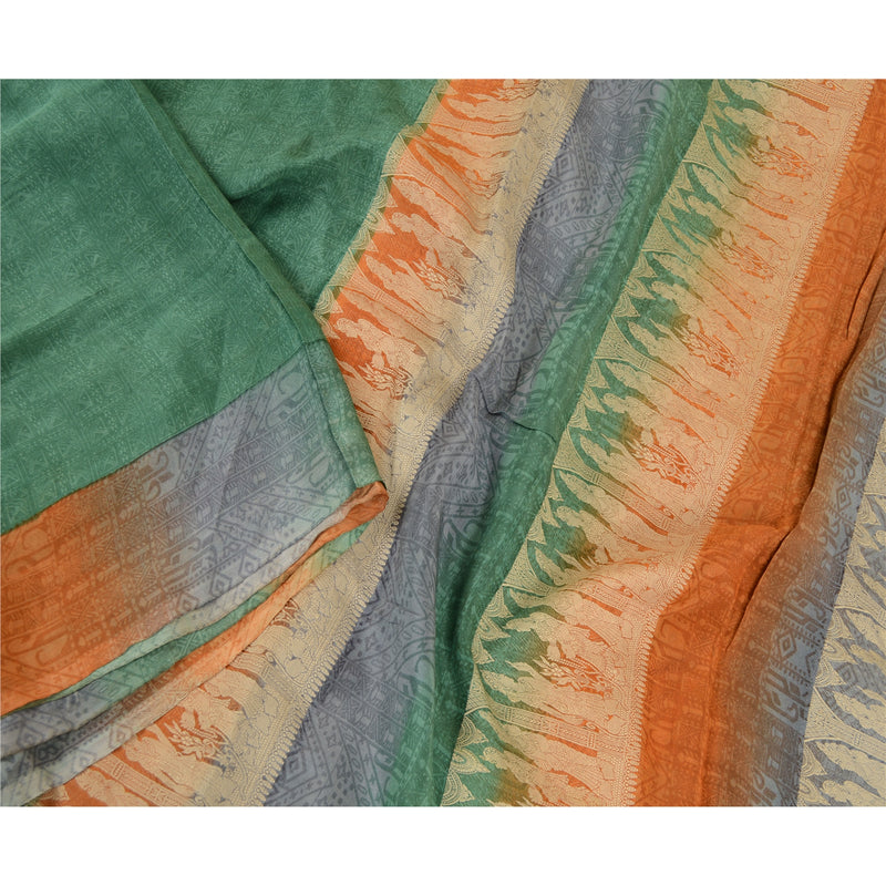 Sanskriti Vintage Sarees Grøn Mytologisk Vævet Trykt Ren Silke Sari Bæredygtigt Stof