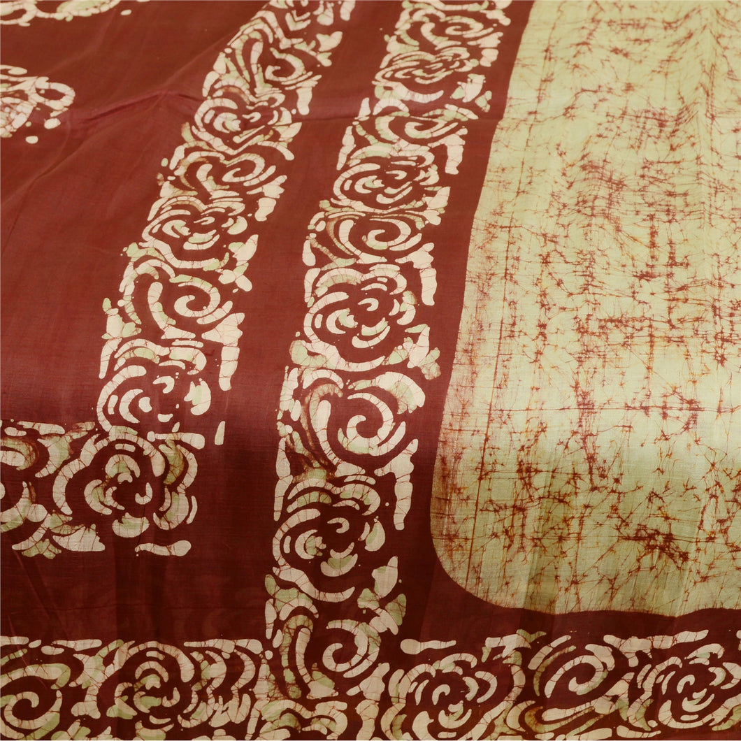 Sanskriti Vintage Sarees Batik Printed Olive Green Pure Silk Sari Craft Fabric