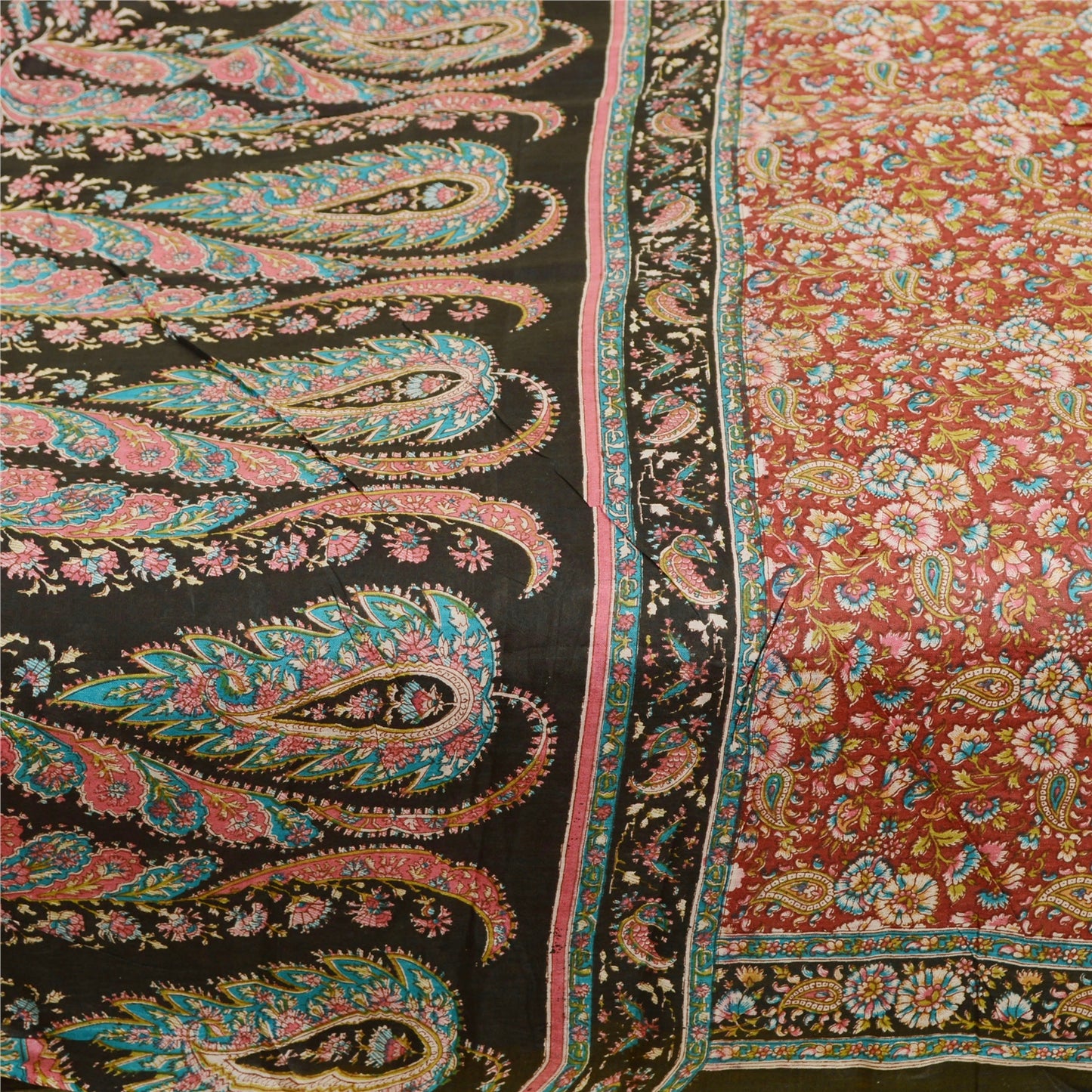 Sanskriti Vintage Sarees Dark Red Blend Silk Printed Sari Floral Craft Sustainable Fabric