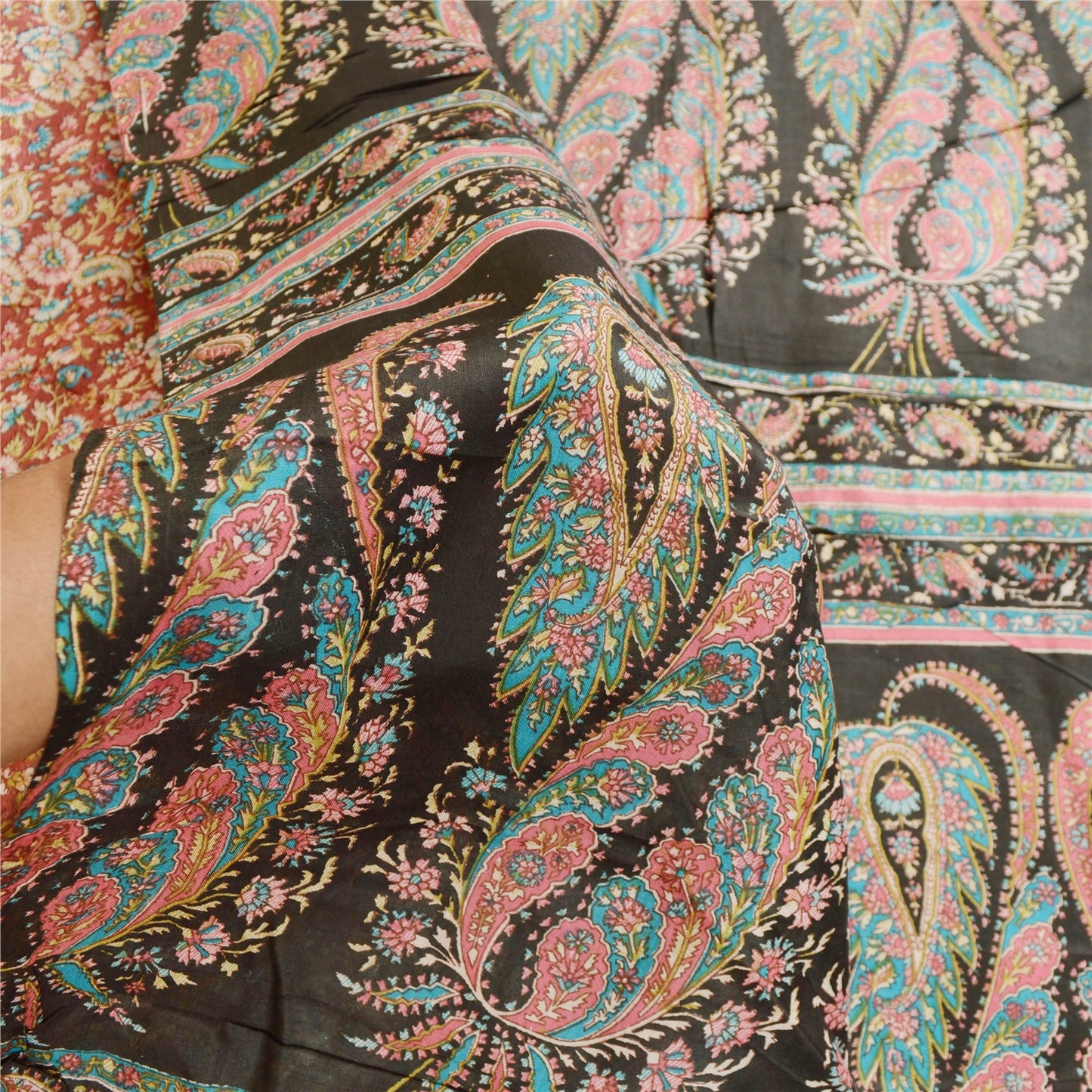 Sanskriti Vintage Sarees Dark Red Blend Silk Printed Sari Floral Craft Sustainable Fabric