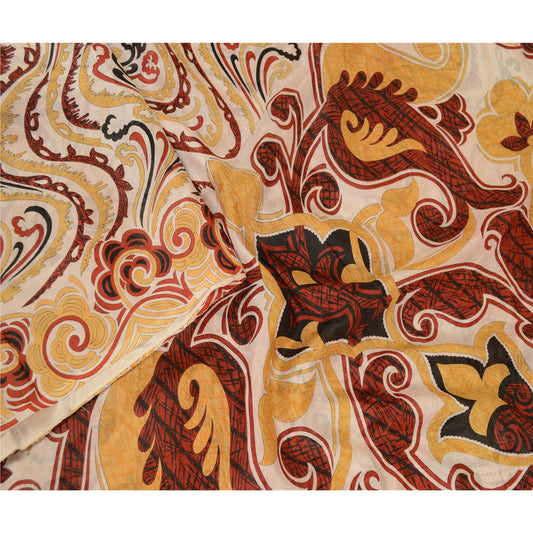 Sanskriti Vintage Sarees Cream Pure Silk Printed Floral Sari 5yd Craft Sustainable Fabric