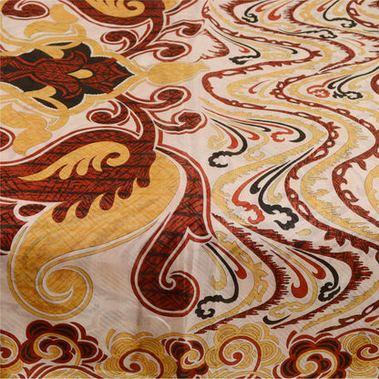 Sanskriti Vintage Sarees Cream Pure Silk Printed Floral Sari 5yd Craft Sustainable Fabric