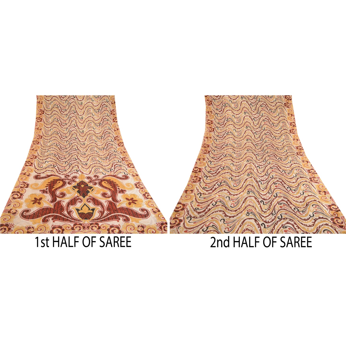 Sanskriti Vintage Sarees Cream Pure Silk Printed Floral Sari 5yd Craft Sustainable Fabric