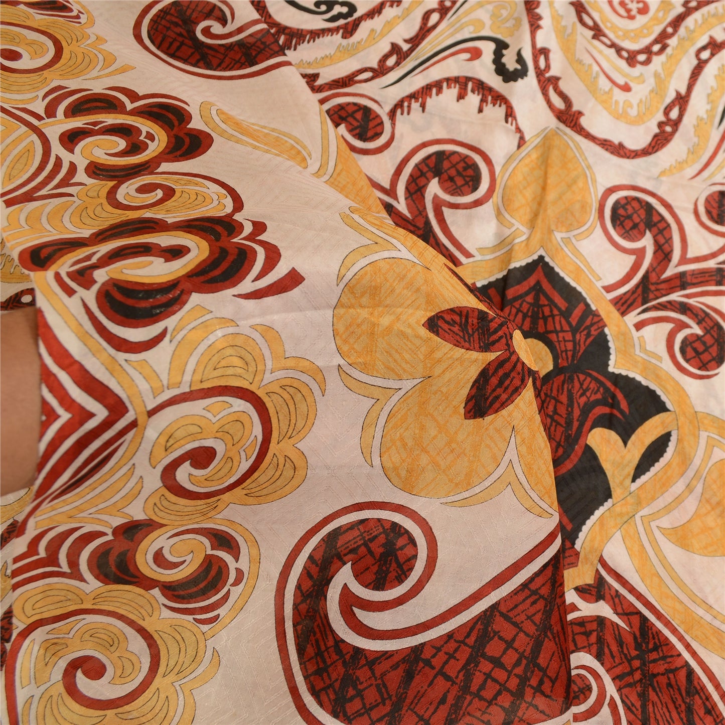 Sanskriti Vintage Sarees Cream Pure Silk Printed Floral Sari 5yd Craft Sustainable Fabric