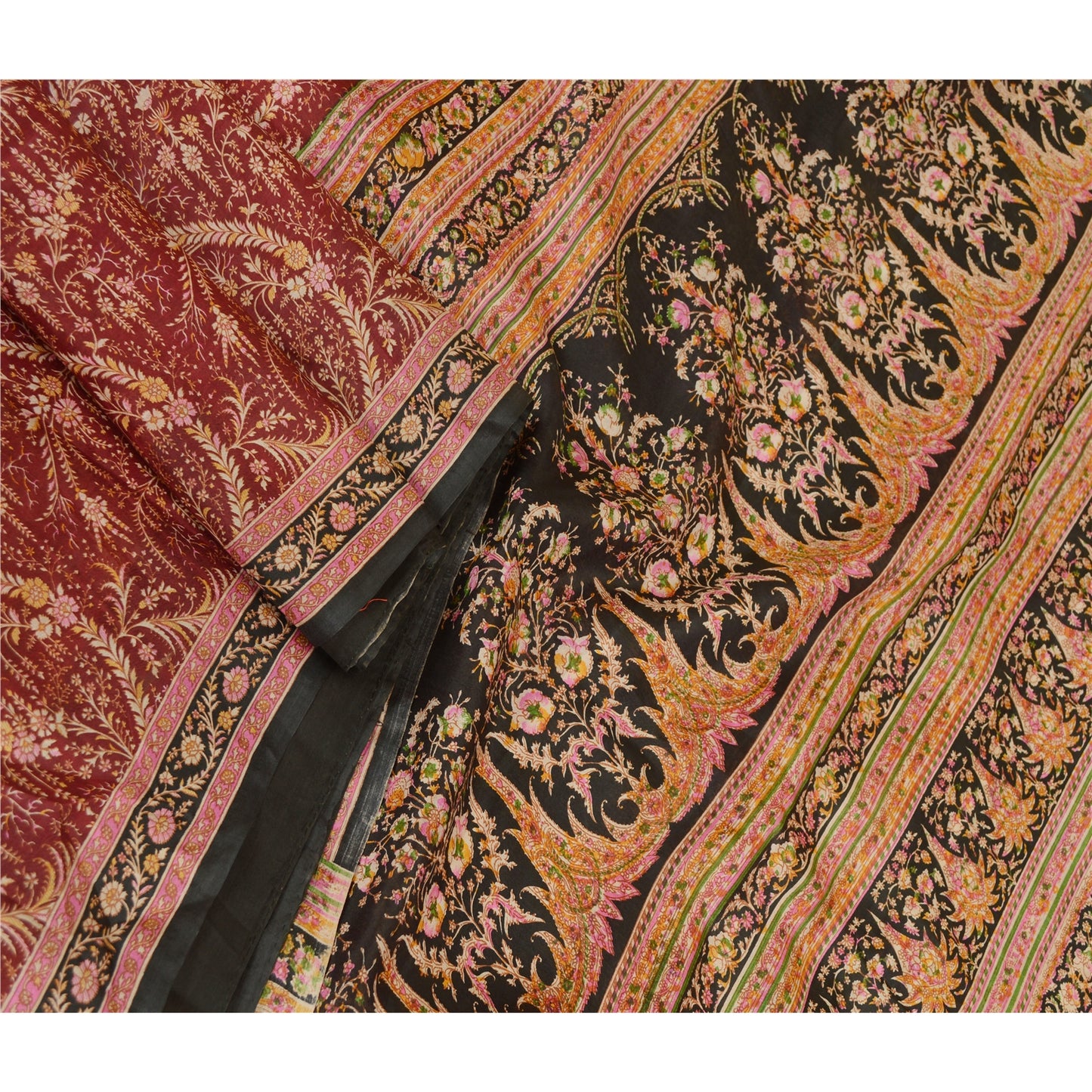 Sanskriti Vintage Sarees Dark Red Indian Pure Silk Printed Sari 5yd Craft Sustainable Fabric