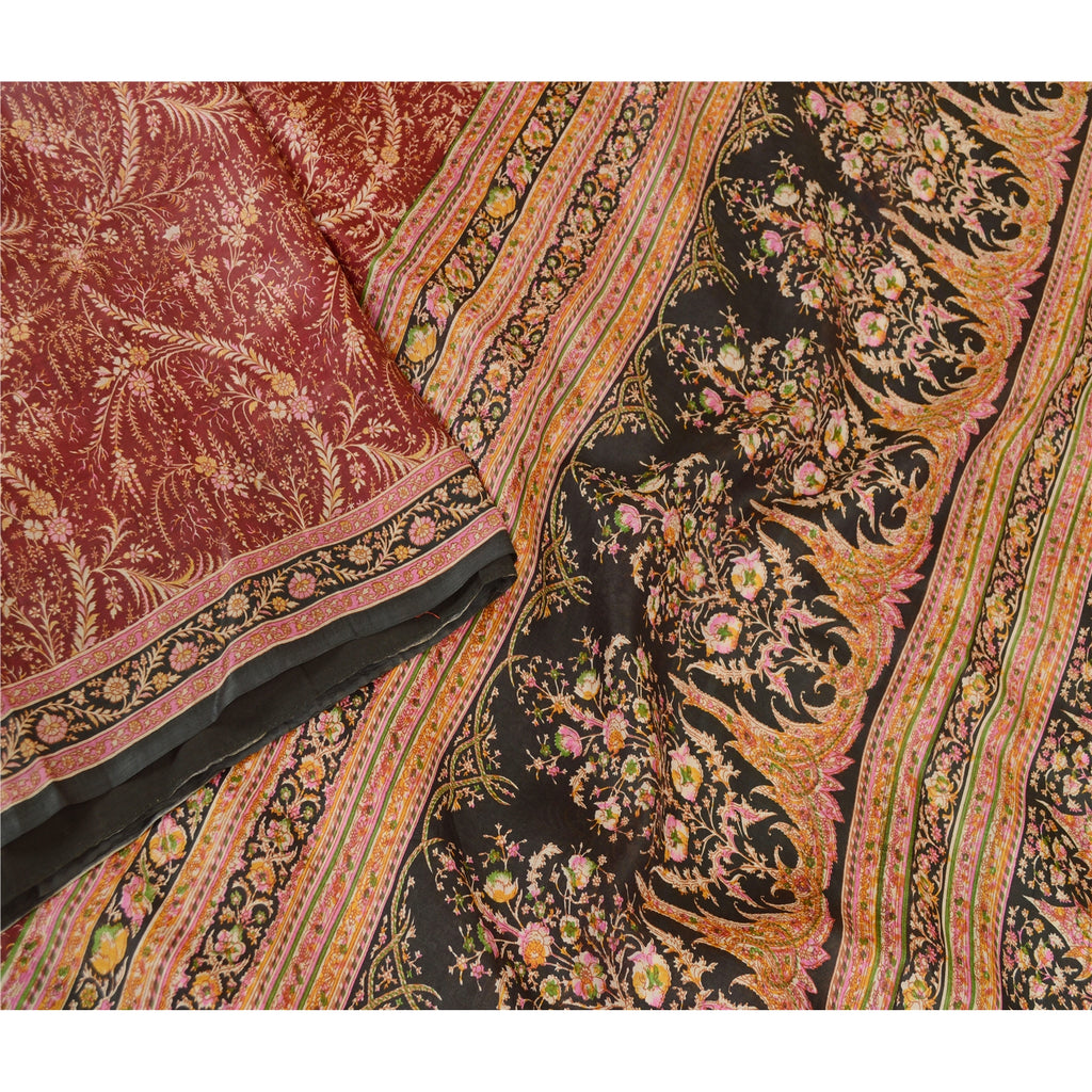 Sanskriti Vintage Sarees Dark Red Indian Pure Silk Printed Sari 5yd Craft Sustainable Fabric