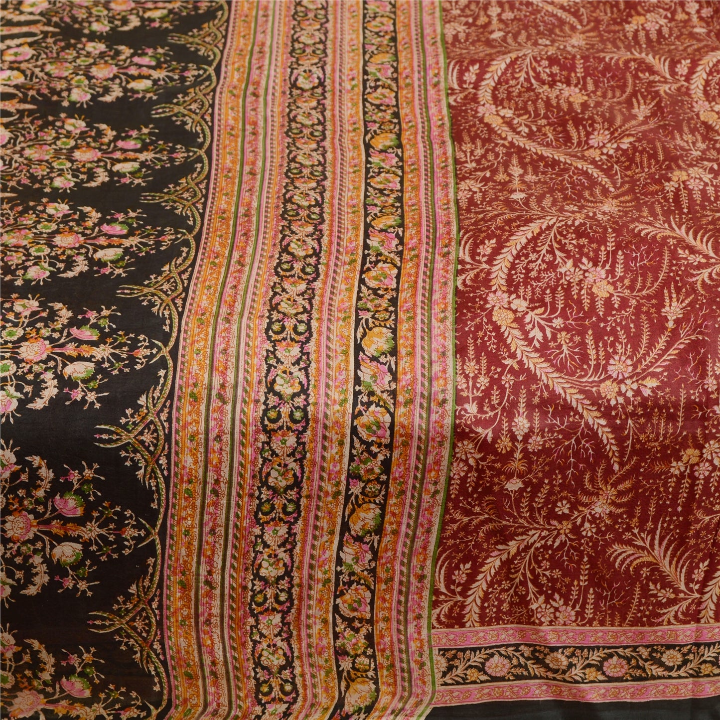 Sanskriti Vintage Sarees Dark Red Indian Pure Silk Printed Sari 5yd Craft Sustainable Fabric