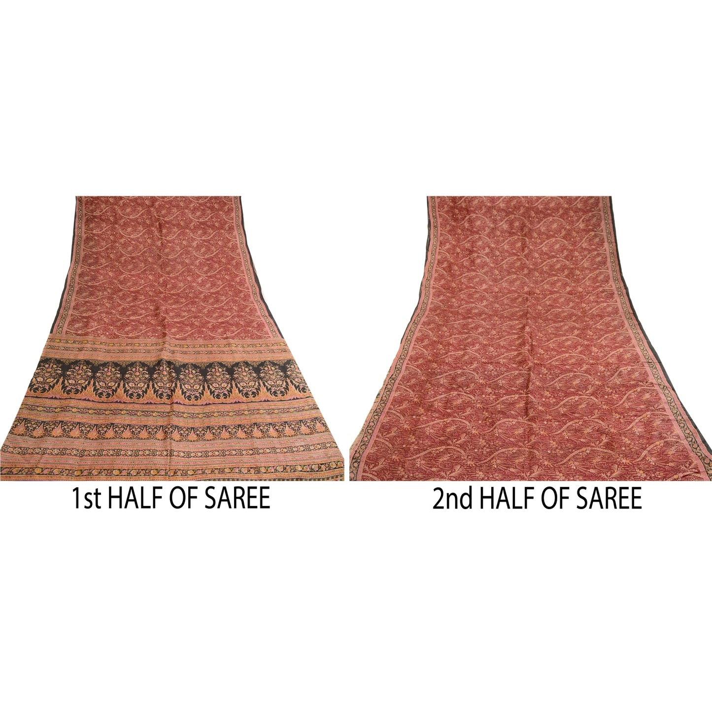 Sanskriti Vintage Sarees Dark Red Indian Pure Silk Printed Sari 5yd Craft Sustainable Fabric