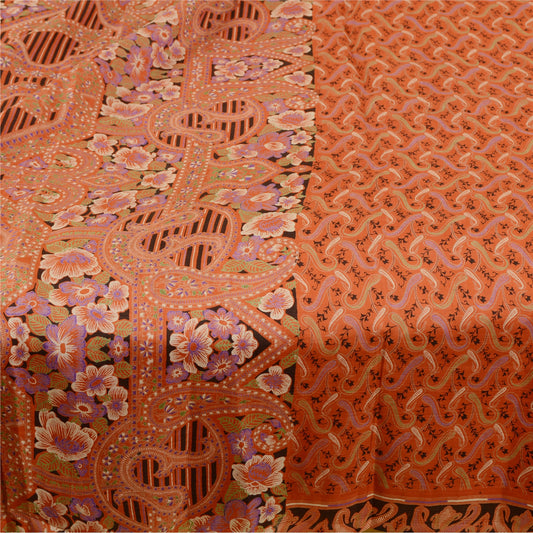 Sanskriti Vintage Sarees Rusty Orange Pure Silk Printed Sari 5yd Craft Sustainable Fabric