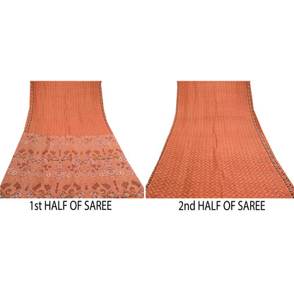 Sanskriti Vintage Sarees Rusty Orange Pure Silk Printed Sari 5yd Craft Sustainable Fabric