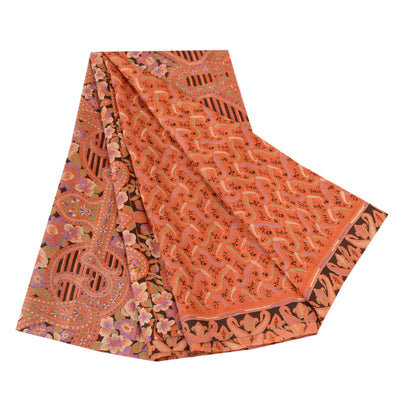 Sanskriti Vintage Sarees Rusty Orange Pure Silk Printed Sari 5yd Craft Sustainable Fabric