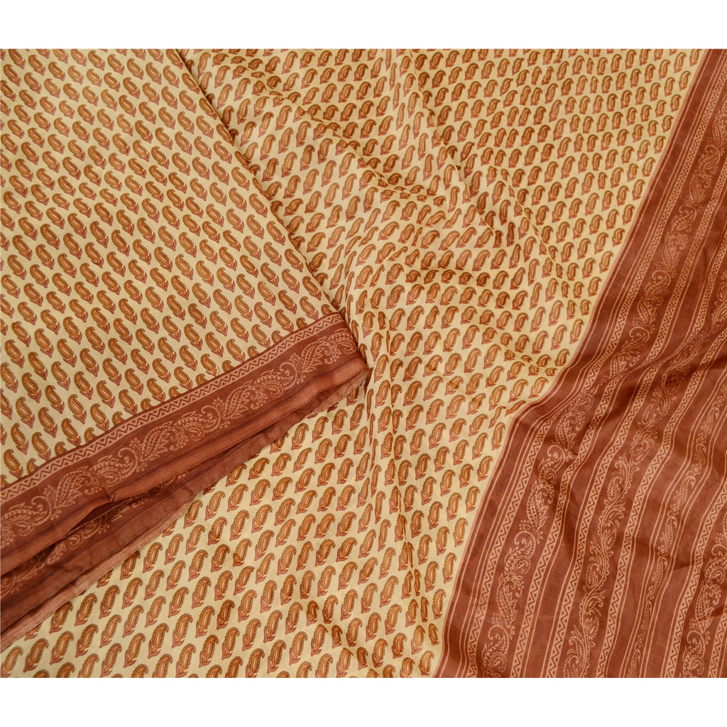 Sanskriti Vintage Sarees Cream Printed Pure Silk Sari Floral Soft Craft Sustainable Fabric