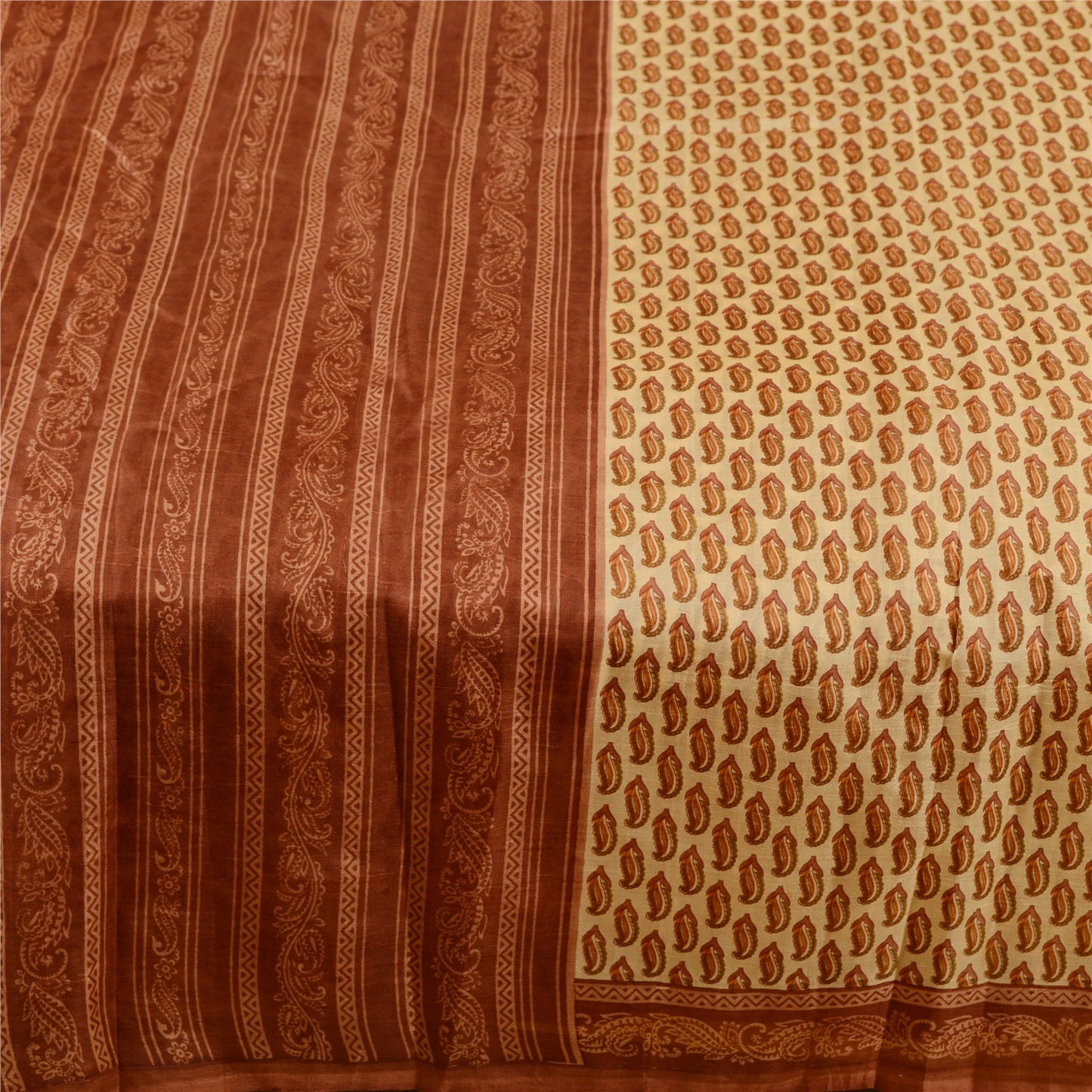 Sanskriti Vintage Sarees Cream Printed Pure Silk Sari Floral Soft Craft Sustainable Fabric