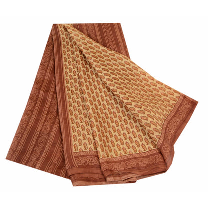 Sanskriti Vintage Sarees Cream Printed Pure Silk Sari Floral Soft Craft Sustainable Fabric