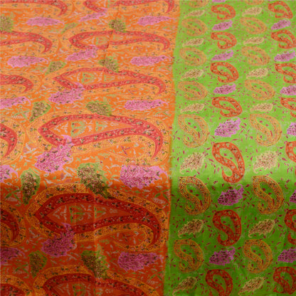 Sanskriti Vintage Green Sarees Indian Pure Silk Printed Sari Floral Craft Sustainable Fabric
