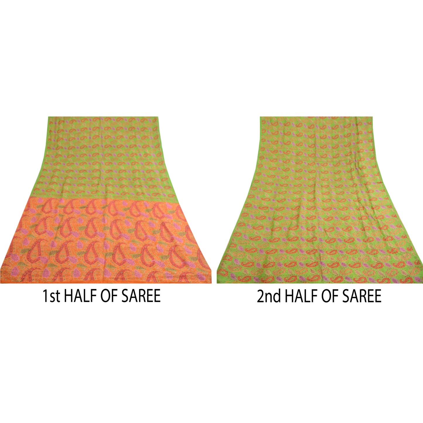 Sanskriti Vintage Green Sarees Indian Pure Silk Printed Sari Floral Craft Sustainable Fabric