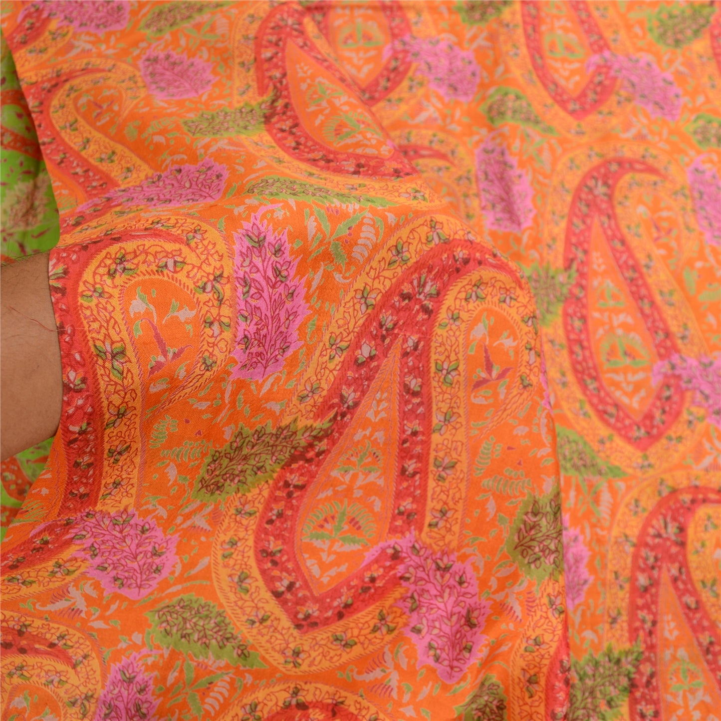 Sanskriti Vintage Green Sarees Indian Pure Silk Printed Sari Floral Craft Sustainable Fabric