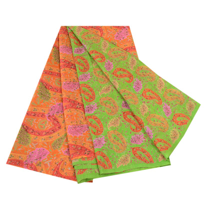 Sanskriti Vintage Green Sarees Indian Pure Silk Printed Sari Floral Craft Sustainable Fabric