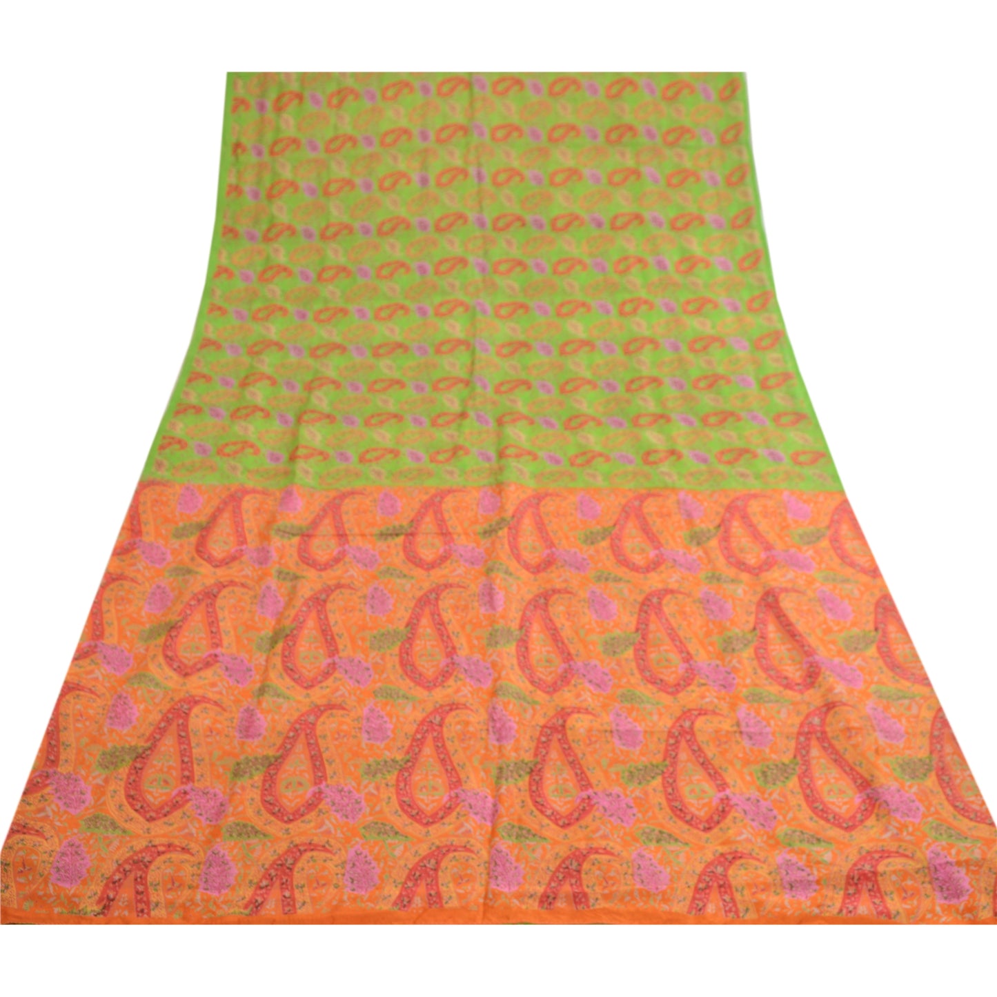 Sanskriti Vintage Green Sarees Indian Pure Silk Printed Sari Floral Craft Sustainable Fabric
