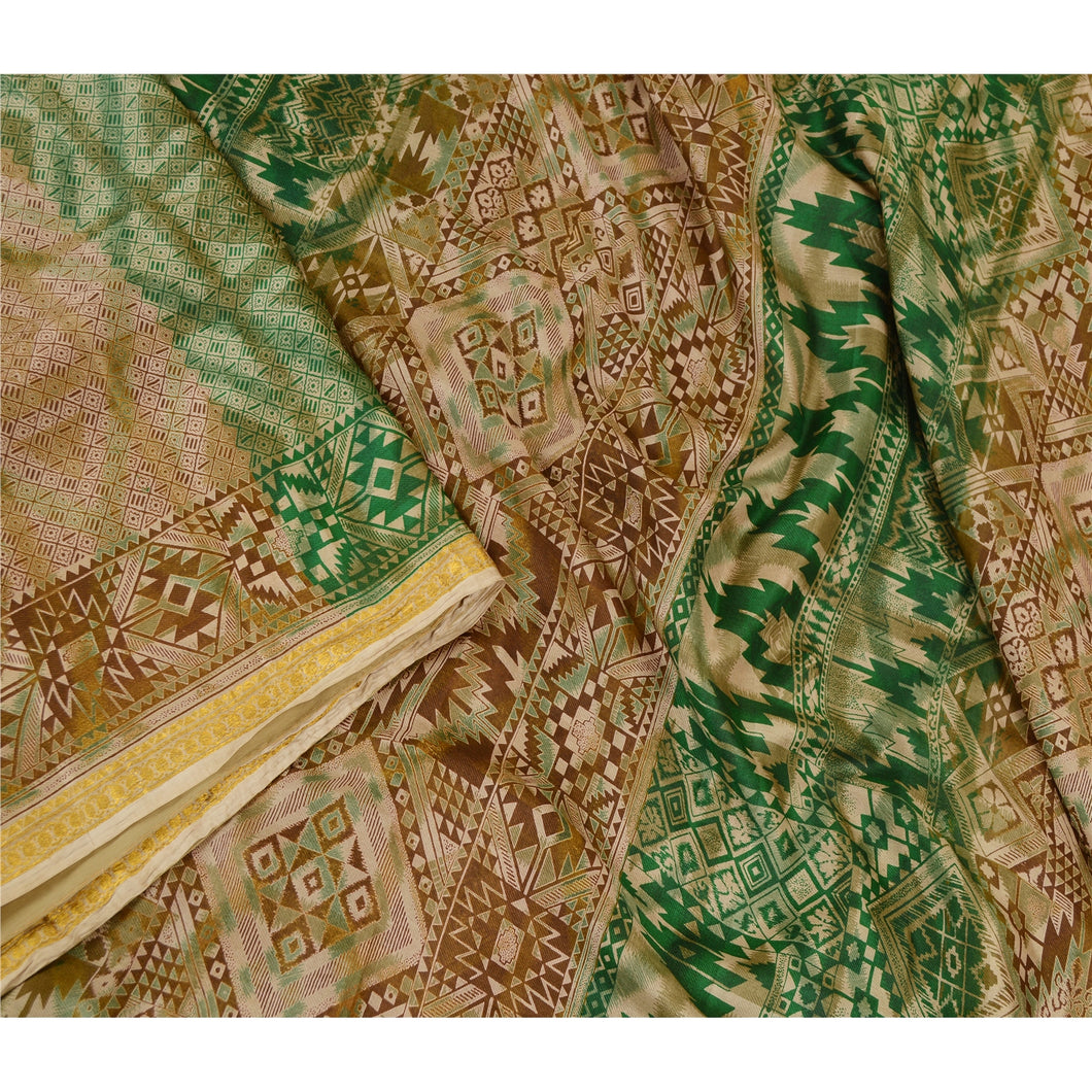 Sanskriti Vintage Brown Sarees Printed Pure Silk Zari Border Sari Craft Fabric
