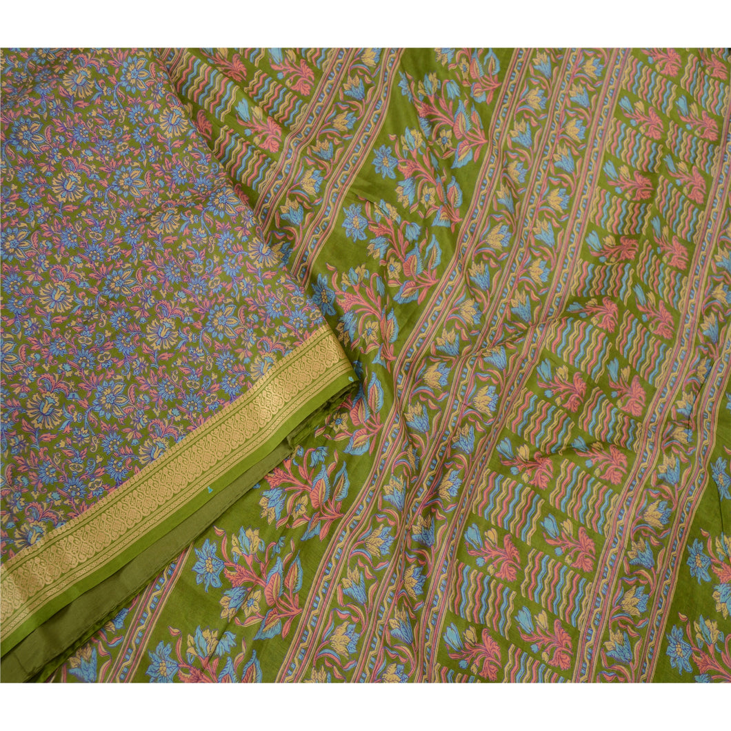 Sanskriti Vintage Green Indian Sarees Printed Pure Silk Sari Soft Craft Fabric