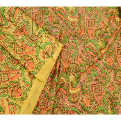 Sanskriti Vintage Yellow Human Face Printed Sarees Art Silk Sari Craft Sustainable Fabric