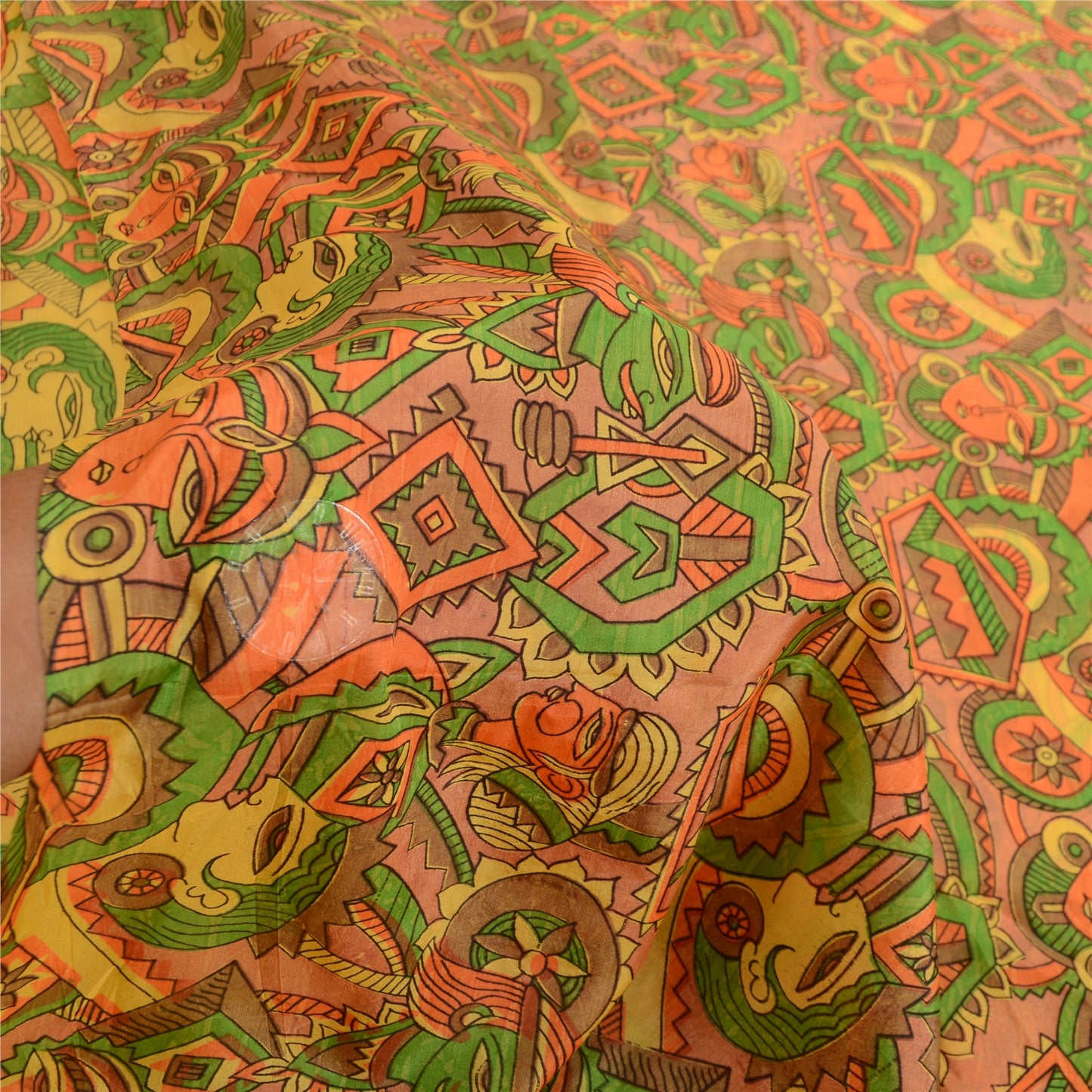 Sanskriti Vintage Yellow Human Face Printed Sarees Art Silk Sari Craft Sustainable Fabric