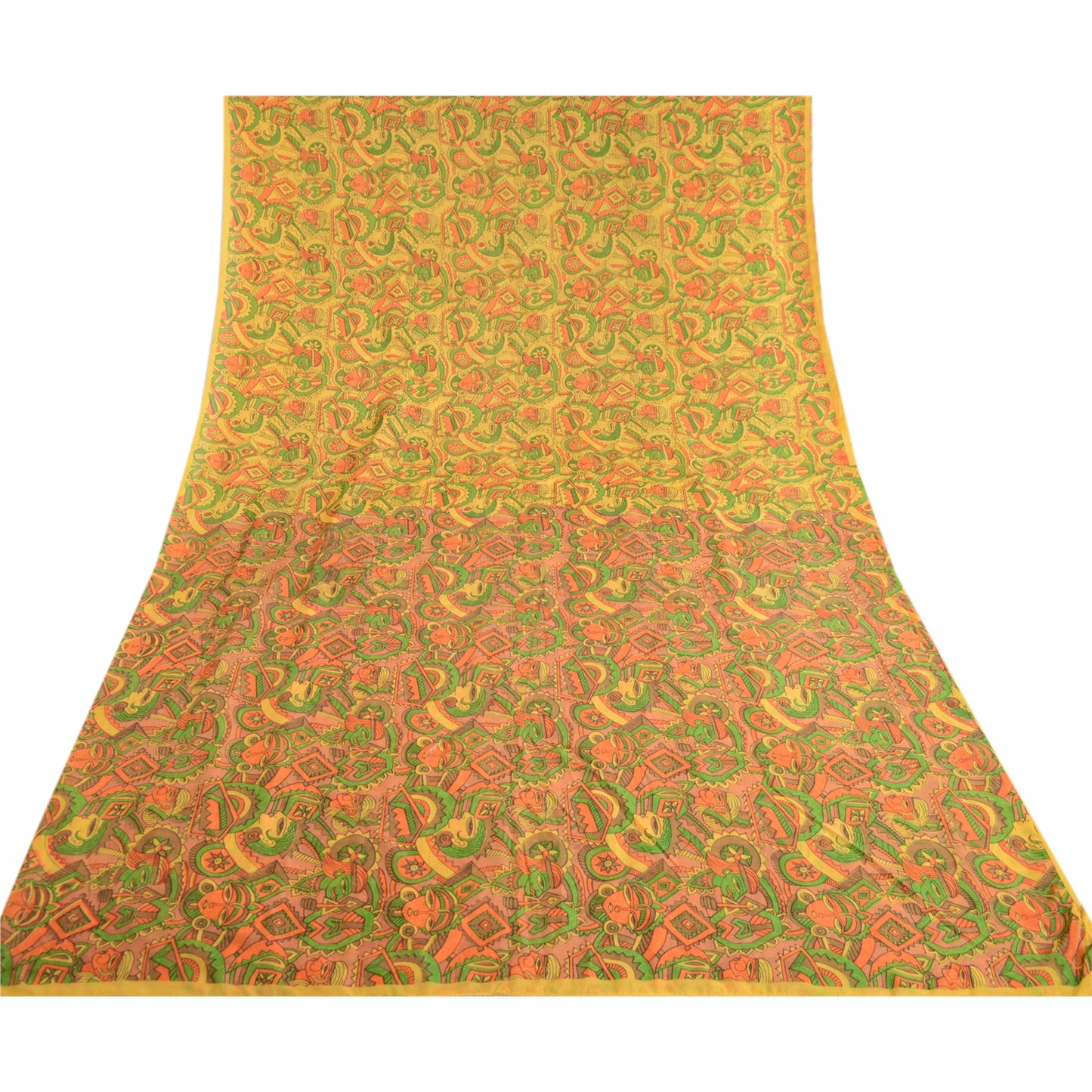 Sanskriti Vintage Yellow Human Face Printed Sarees Art Silk Sari Craft Sustainable Fabric