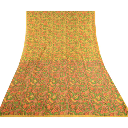 Sanskriti Vintage Yellow Human Face Printed Sarees Art Silk Sari Craft Sustainable Fabric