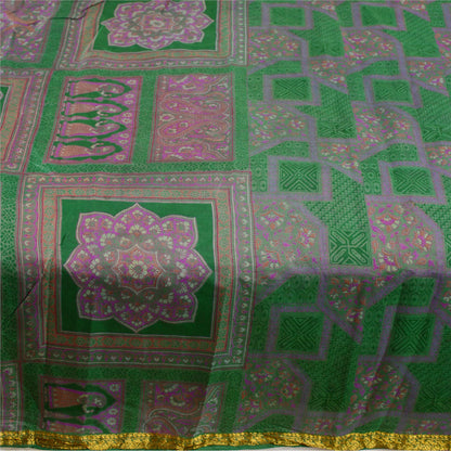 Sanskriti Vintage Green Sarees Pure Silk Printed Zari Border Sari Craft Sustainable Fabric