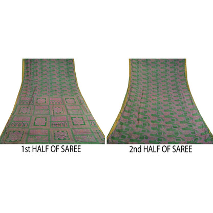 Sanskriti Vintage Green Sarees Pure Silk Printed Zari Border Sari Craft Sustainable Fabric