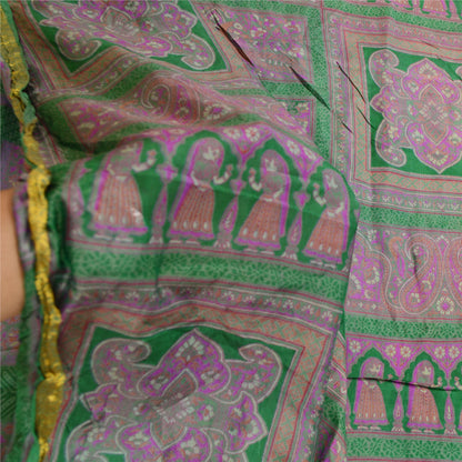 Sanskriti Vintage Green Sarees Pure Silk Printed Zari Border Sari Craft Sustainable Fabric