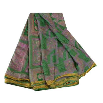 Sanskriti Vintage Green Sarees Pure Silk Printed Zari Border Sari Craft Sustainable Fabric