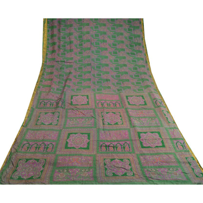 Sanskriti Vintage Green Sarees Pure Silk Printed Zari Border Sari Craft Sustainable Fabric