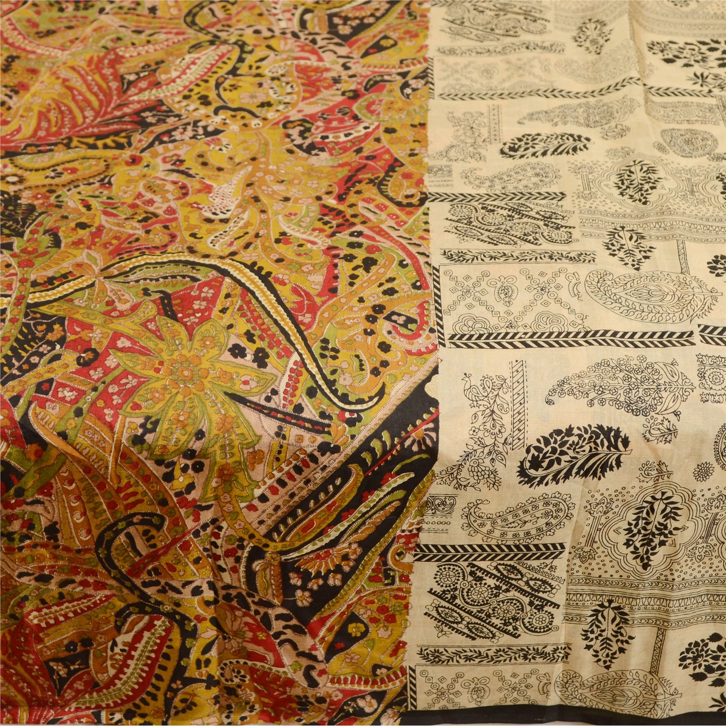 Sanskriti Vintage Ivory Sarees 100% Pure Silk Printed Sari Soft 5yd Craft Sustainable Fabric