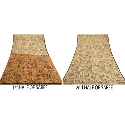 Sanskriti Vintage Ivory Sarees 100% Pure Silk Printed Sari Soft 5yd Craft Sustainable Fabric