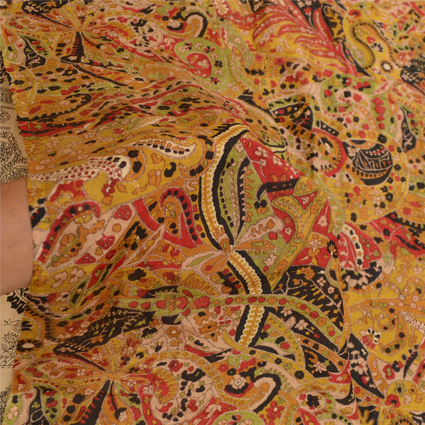 Sanskriti Vintage Ivory Sarees 100% Pure Silk Printed Sari Soft 5yd Craft Sustainable Fabric